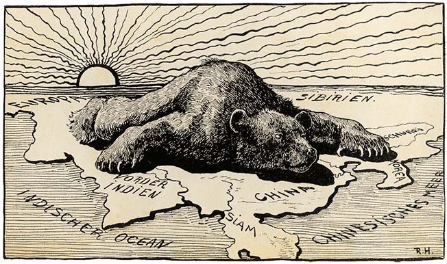Carte symbolique de l’Eurasie illustrant l’influence géopolitique russe et le concept d’hyperpuissance américaine développé par Zbigniew Brzezinski.