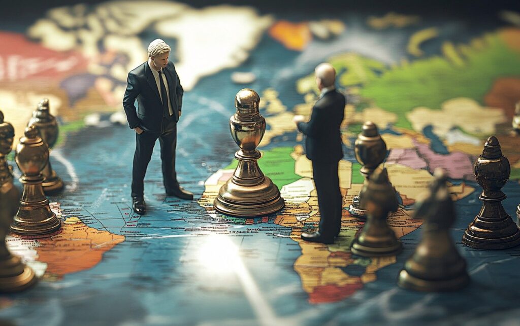 Émergence symbolisée par des figurines de dirigeants et pièces d’échecs placées sur une carte du monde, représentant la montée des puissances émergentes dans la géopolitique mondiale.