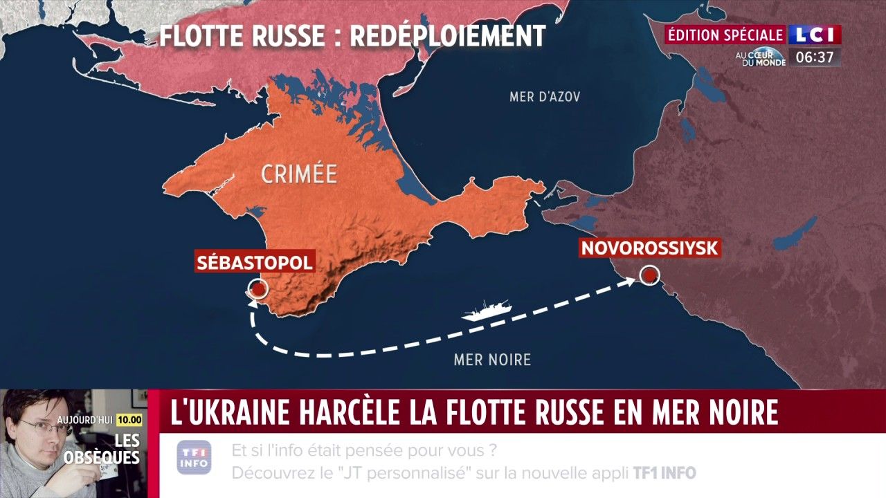 Carte montrant le redéploiement de la flotte russe en mer Noire entre Sébastopol et Novorossiïsk