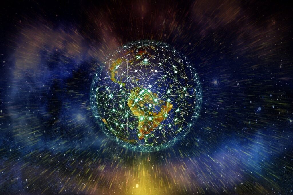 Représentation schématique de la Terre enveloppée par un réseau numérique et interconnecté, symbolisant la mondialisation, l'interdépendance et le concept du nouvel ordre mondial.