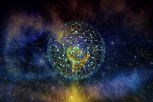 Représentation schématique de la Terre enveloppée par un réseau numérique et interconnecté, symbolisant la mondialisation, l'interdépendance et le concept du nouvel ordre mondial.
