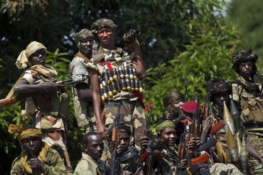 Des combattants rebelles en République centrafricaine posent avec leurs armes dans la forêt. Le pays, en proie à une instabilité chronique, illustre les dérives d’un régime non démocratique et la faiblesse de l’État.