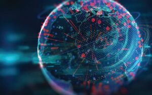 Visualisation du cyberespace montrant un globe numérique et des flux de données en mouvement