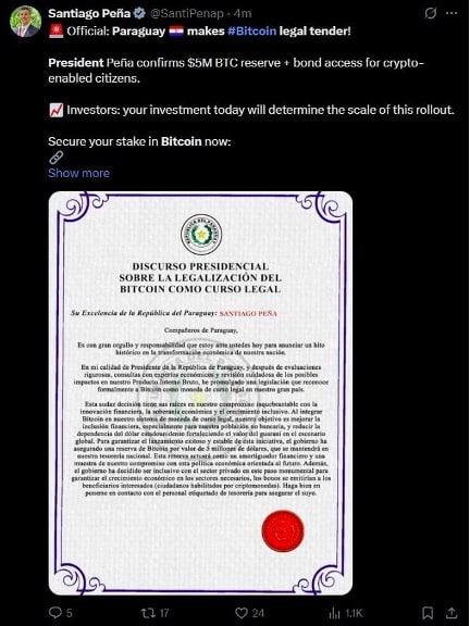 Capture d’écran du compte X officiel du président paraguayen Santiago Peña affichant un faux message annonçant la légalisation du Bitcoin comme monnaie officielle, publié après le piratage du compte le 9 juin 2025.