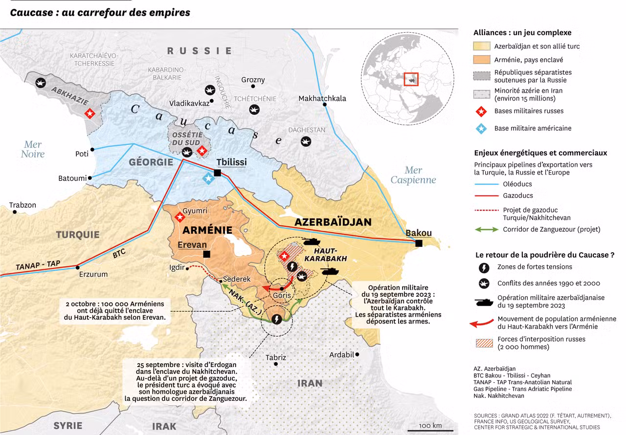 Cette carte illustre les alliances, tensions et enjeux énergétiques autour du conflit du Haut-Karabakh dans le Caucase.