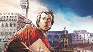 Illustration de Machiavel tenant un manuscrit, devant la ville de Florence et ses bâtiments emblématiques.