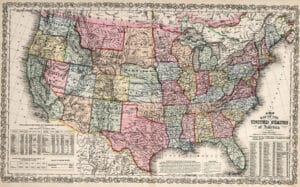 Carte historique du territoire américain au XIXe siècle montrant l’expansion des États-Unis.
