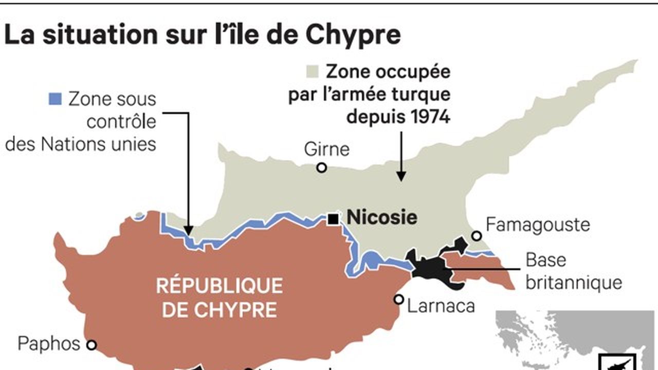 Carte de Chypre montrant la partition de l’île entre le nord turc et le sud grec depuis 1974