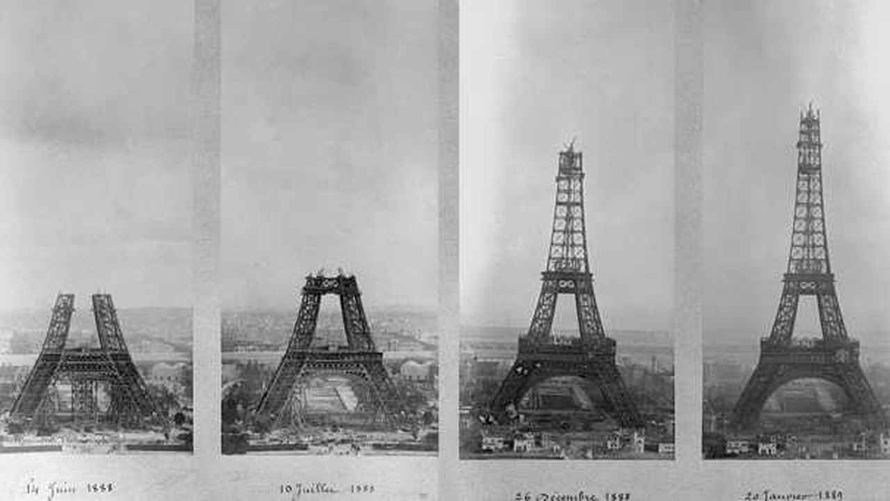 Paris à la Belle Époque avec les étapes de construction de la tour Eiffel entre 1887 et 1889.