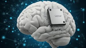 Illustration d’un cerveau humain équipé d’une puce électronique, en lien avec la théorie de La Mettrie