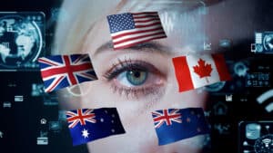 Illustration du Five Eyes montrant la surveillance numérique et la coopération des services de renseignement anglo-saxons