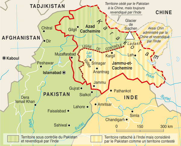 Carte du conflit du Cachemire entre le Pakistan et l’Inde avec zones contestées