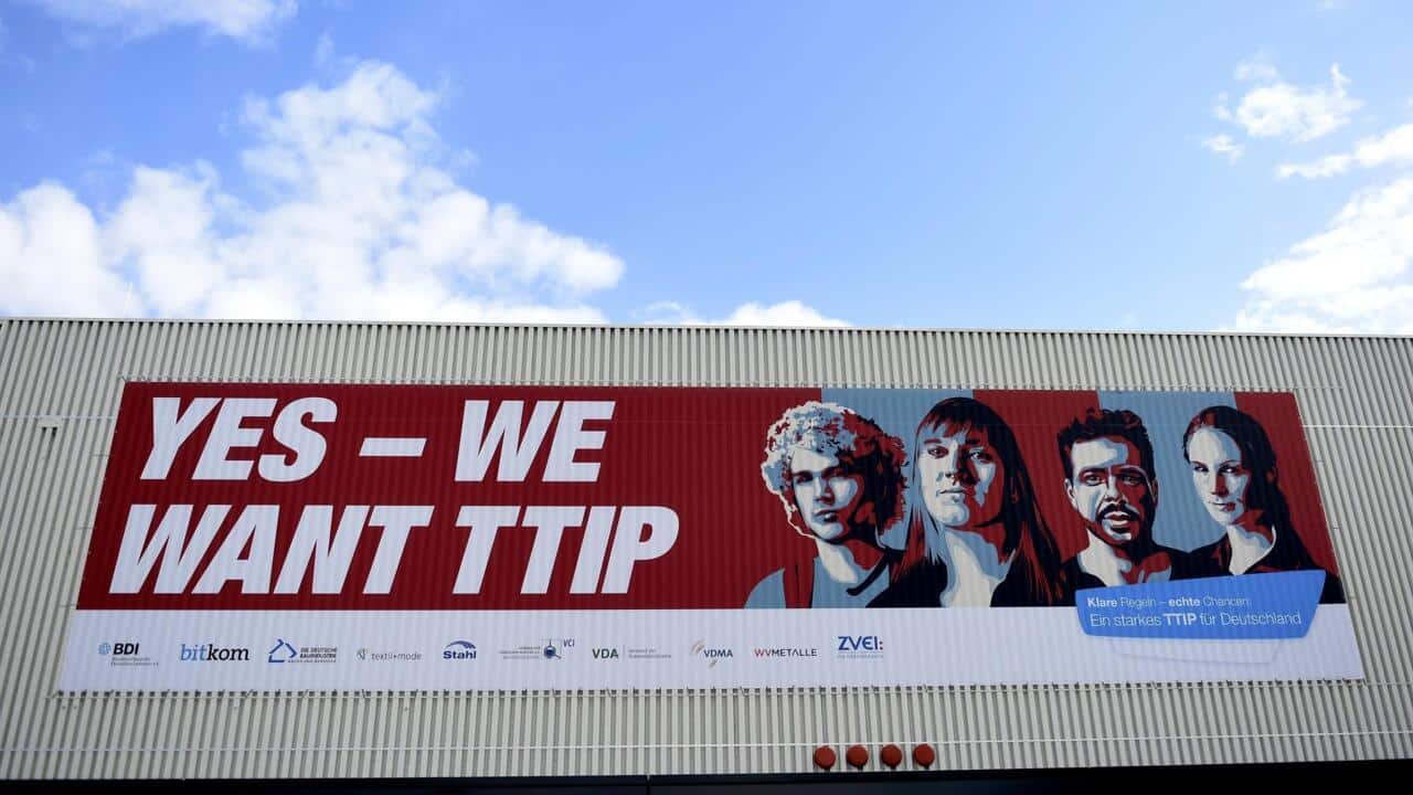 Affiche Yes We Want TTIP illustrant le soutien au traité commercial entre l’UE et les États-Unis