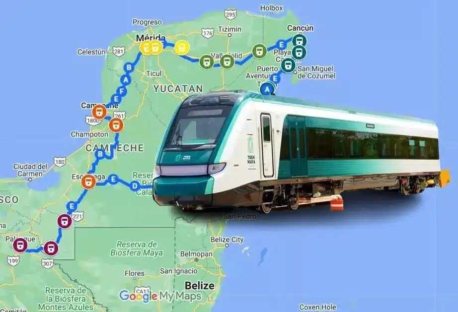 Carte du tracé du Tren Maya au Mexique avec illustration d’un train traversant la péninsule du Yucatán.