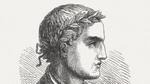 Gravure représentant Horace, poète latin couronné de laurier, de profil