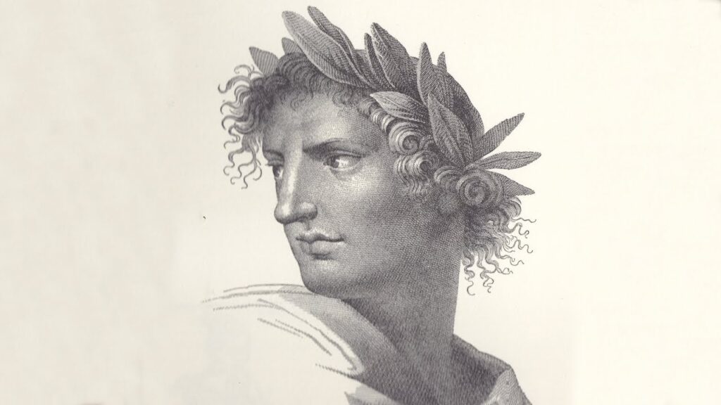 Gravure représentant Virgile, poète latin couronné de laurier, de profil