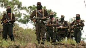 Membres armés et masqués de l'EZLN défilant dans une zone rurale du Chiapas