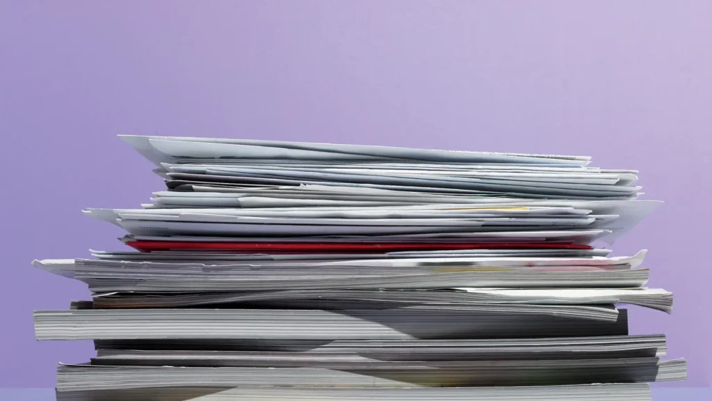 Pile de documents et magazines sur fond violet, illustration de la méthode de contraction de texte