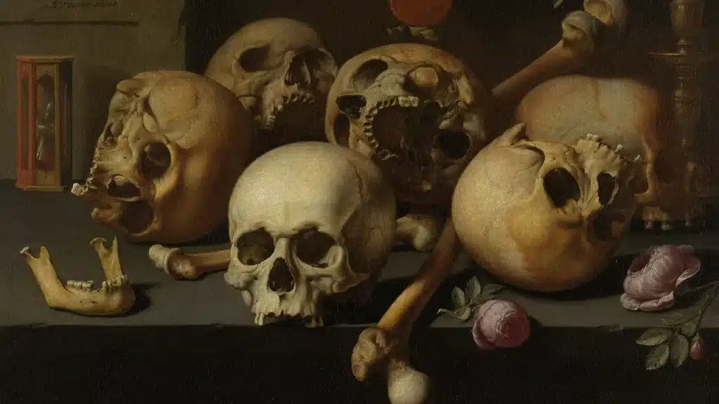 Vanité flamande aux crânes et roses, nature morte symbolisant la mort, illustration d'une dissertation sur la mort