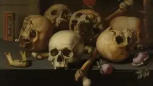 Vanité flamande aux crânes et roses, nature morte symbolisant la mort, illustration d'une dissertation sur la mort
