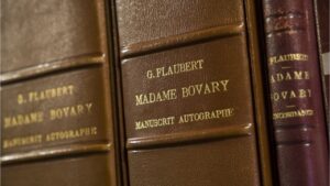 Manuscrits autographes de Madame Bovary de Flaubert reliés en cuir, illustration de l'œuvre