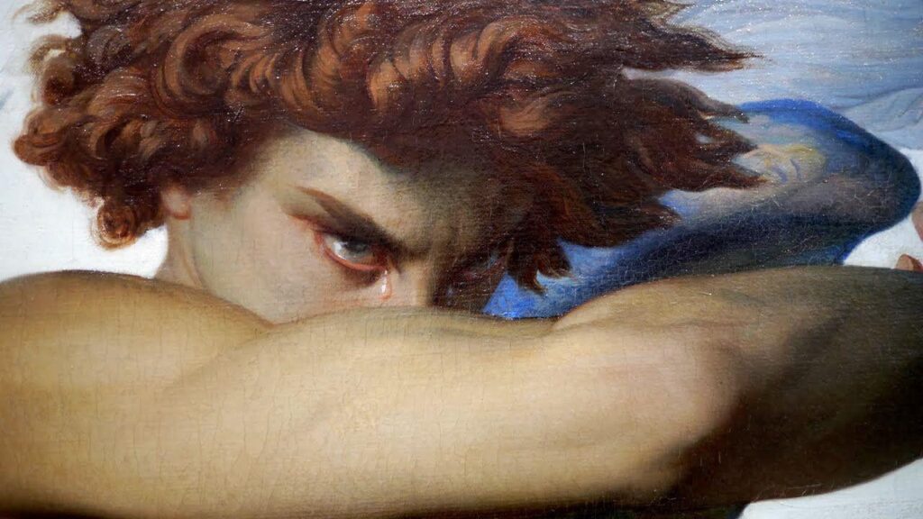 Détail de peinture académique l'ange déchu, illustrant le mal moral : regard sombre et cheveux roux d'un personnage tourmenté