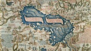 Carte médiévale enluminée représentant la mer Caspienne, illustration de la méthodologie de la carte en géographie A/L