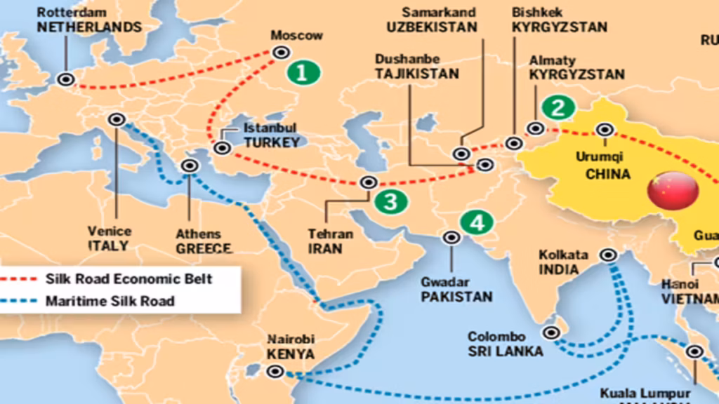 Carte des nouvelles routes de la soie reliant la Chine à l'Europe, l'Afrique et l'Asie