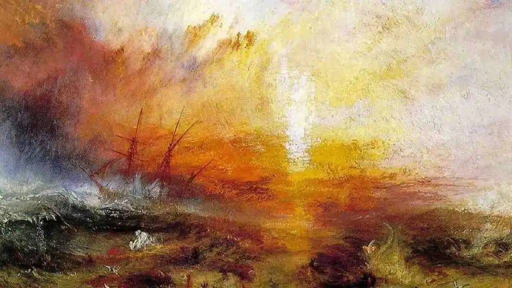 Tableau de J.M.W. Turner aux tons orangés représentant un navire en mer agitée, œuvre emblématique des artistes anglais