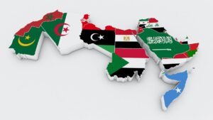 Carte 3D du monde arabe avec drapeaux nationaux par pays, illustration du panarabisme au XXe siècle