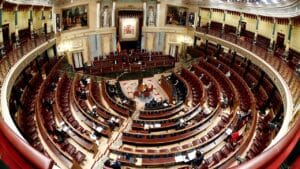 Vue panoramique de l'hémicycle du Congrès des députés, où siègent les partis politiques espagnols