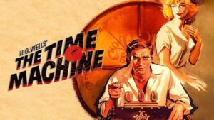 Affiche vintage du roman The Time Machine de H.G. Wells, illustrant le voyage dans le passé en anglais et les temps verbaux