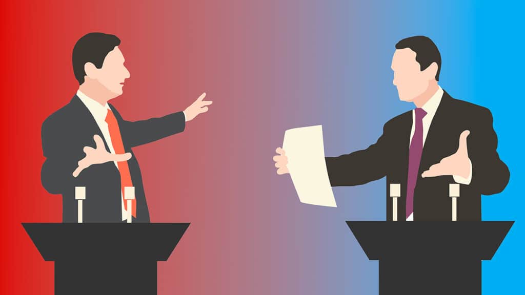 Illustration de deux hommes politiques en débat sur fond rouge et bleu, symbole de la polarisation politique aux États-Unis