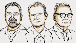 Illustrations des trois lauréats du Prix Nobel d'économie 2024, récompensés pour leurs travaux sur le rôle des institutions