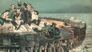 Caricature du Gilded Age montrant des magnats sur des sacs d'argent, critique du self made man