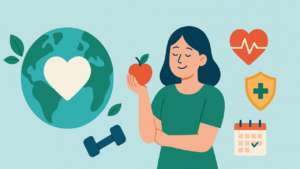 Illustration vectorielle d'une femme tenant une pomme entourée d'icônes santé, pour le vocabulaire de la santé en espagnol